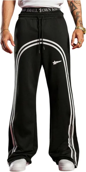 Men's Side Stripe Sweatpants Zipper Design Jogger Pants Drawstring Waist Wide Leg Trousers