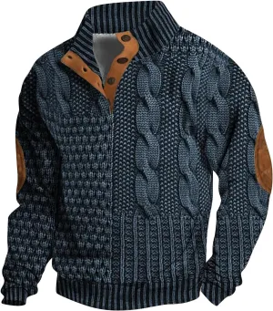 Men's Vintage Knit Print Zip-Up Sweatshirt Casual Long Sleeve Stand Collar Button Pullover Sweatshirts