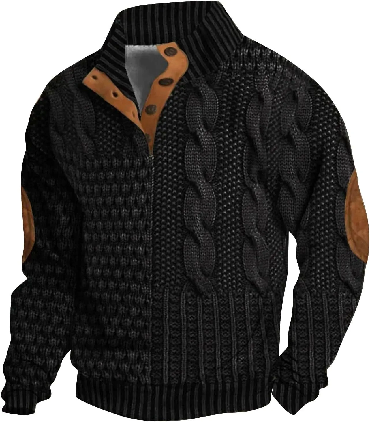 Men's Vintage Knit Print Zip-Up Sweatshirt Casual Long Sleeve Stand Collar Button Pullover Sweatshirts
