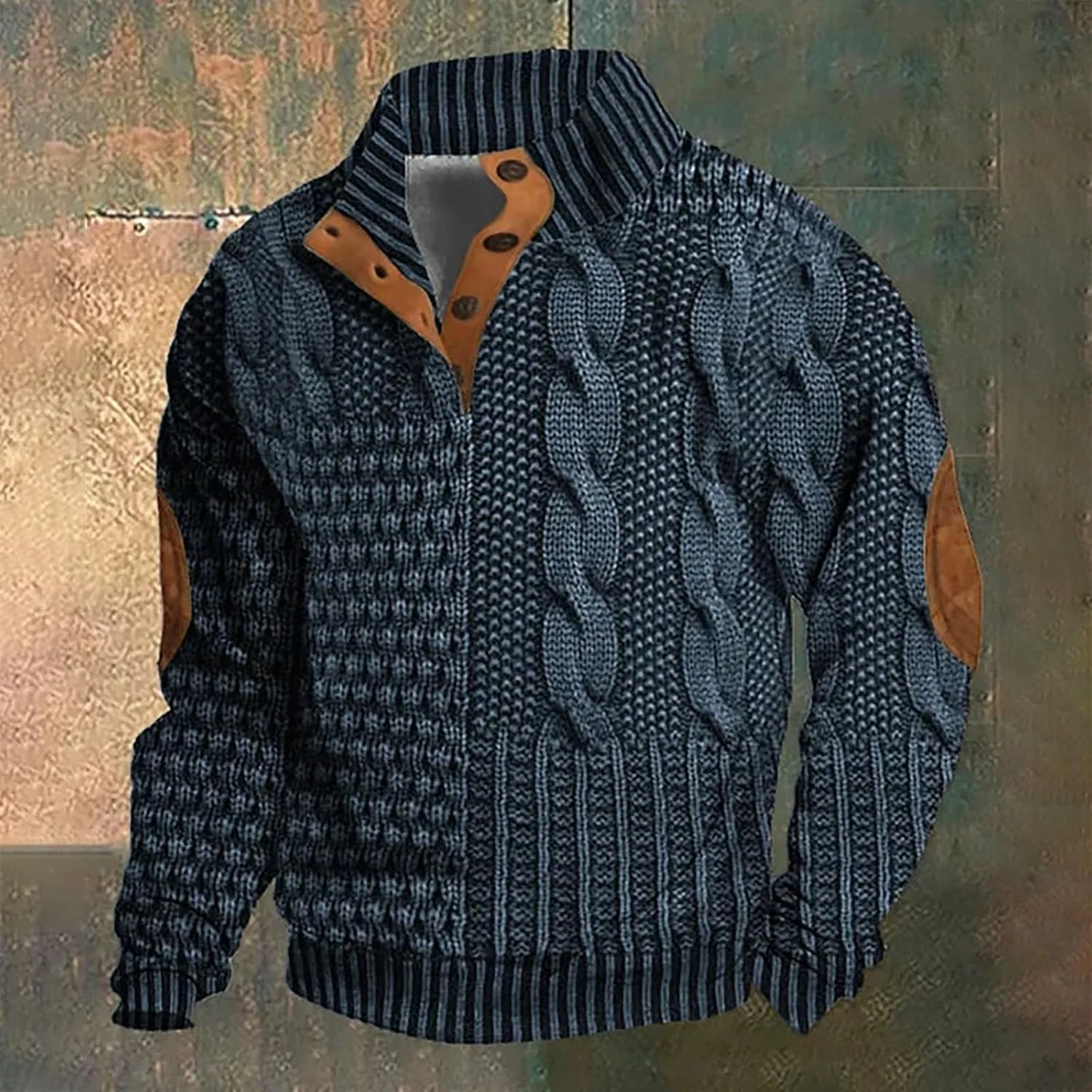 Men's Vintage Knit Print Zip-Up Sweatshirt Casual Long Sleeve Stand Collar Button Pullover Sweatshirts