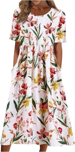 Midi Dress for Women 2025 Summer Casual Short Sleeve Floral A-Line T-Shirt Dress Midi Flowy with Pockets