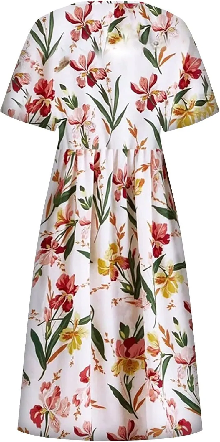 Midi Dress for Women 2025 Summer Casual Short Sleeve Floral A-Line T-Shirt Dress Midi Flowy with Pockets