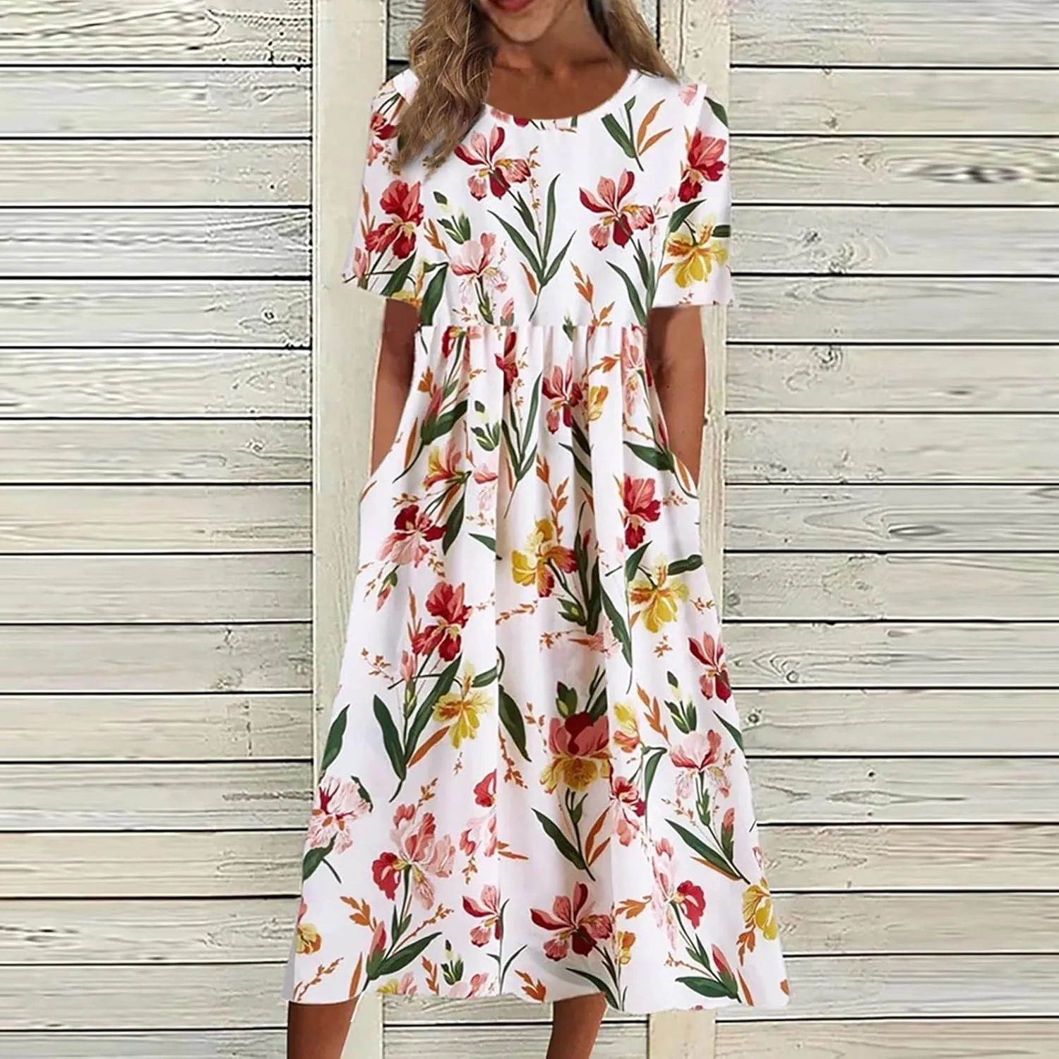 Midi Dress for Women 2025 Summer Casual Short Sleeve Floral A-Line T-Shirt Dress Midi Flowy with Pockets
