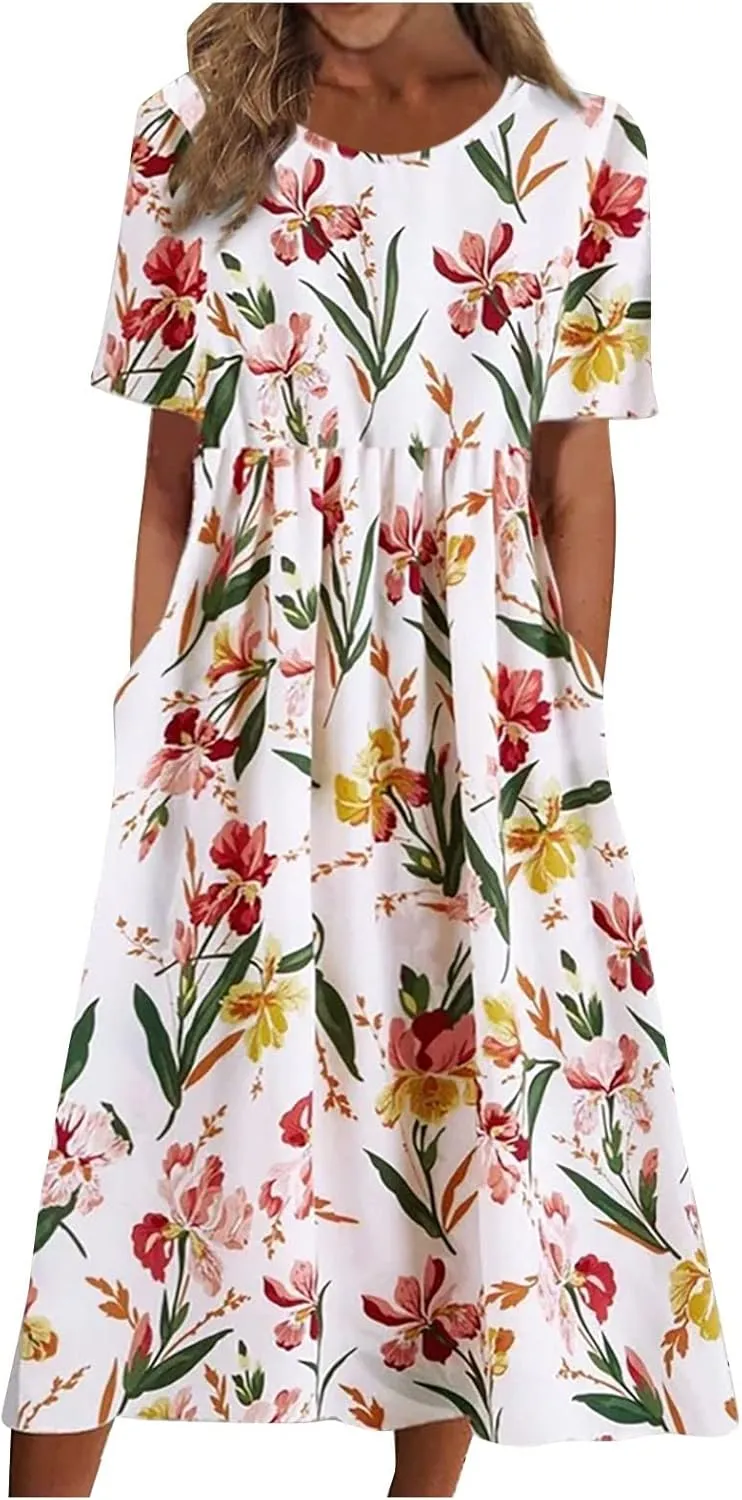 Midi Dress for Women 2025 Summer Casual Short Sleeve Floral A-Line T-Shirt Dress Midi Flowy with Pockets