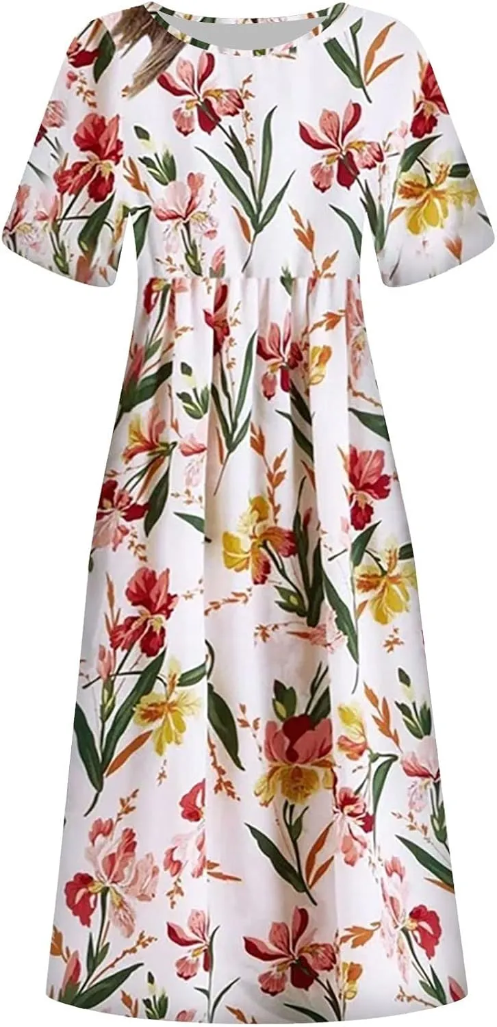 Midi Dress for Women 2025 Summer Casual Short Sleeve Floral A-Line T-Shirt Dress Midi Flowy with Pockets