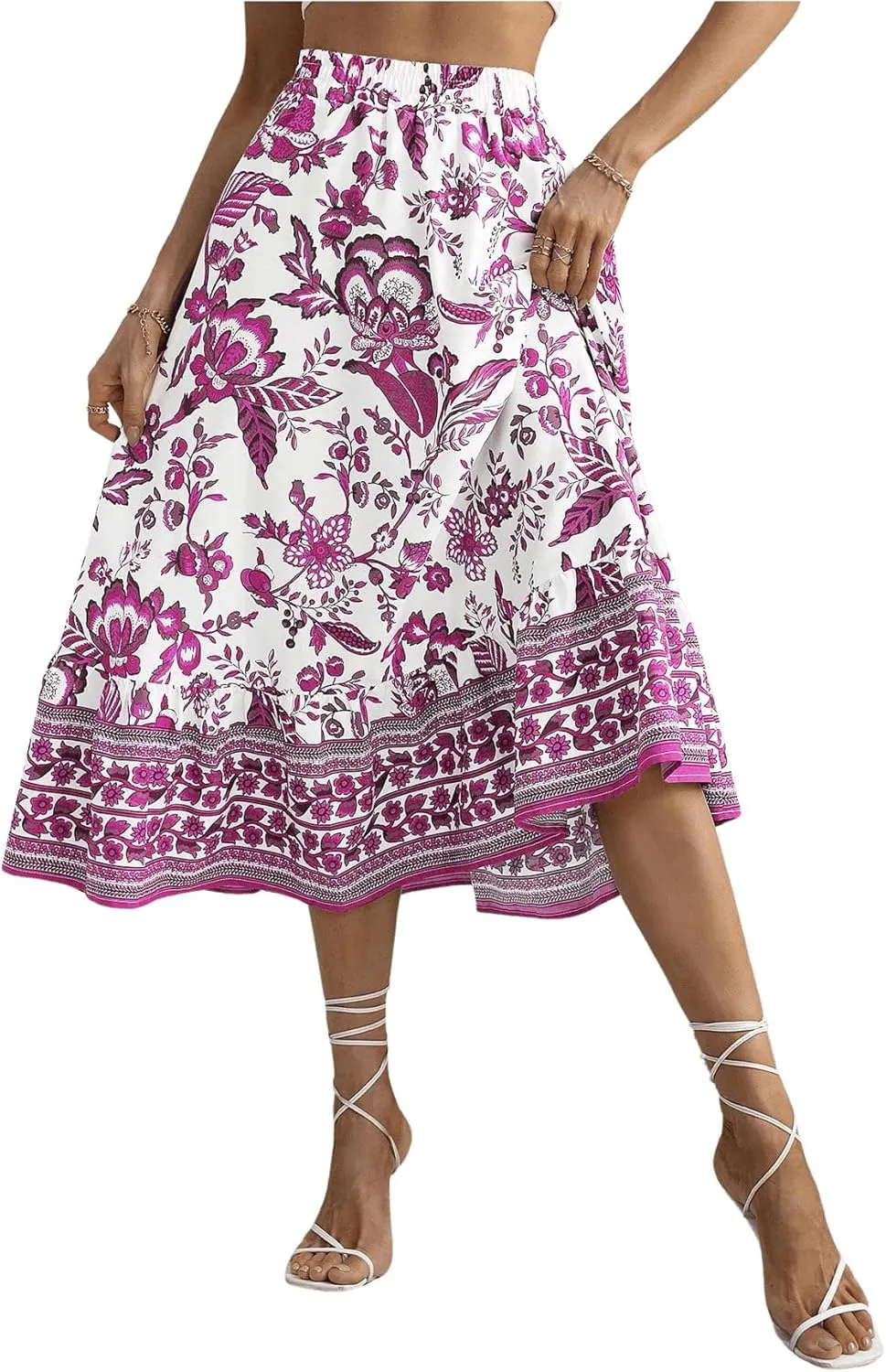 Milumia Women's 2024 Boho Floral High Waist A Line Midi Skirt Ruffle Long Skirt