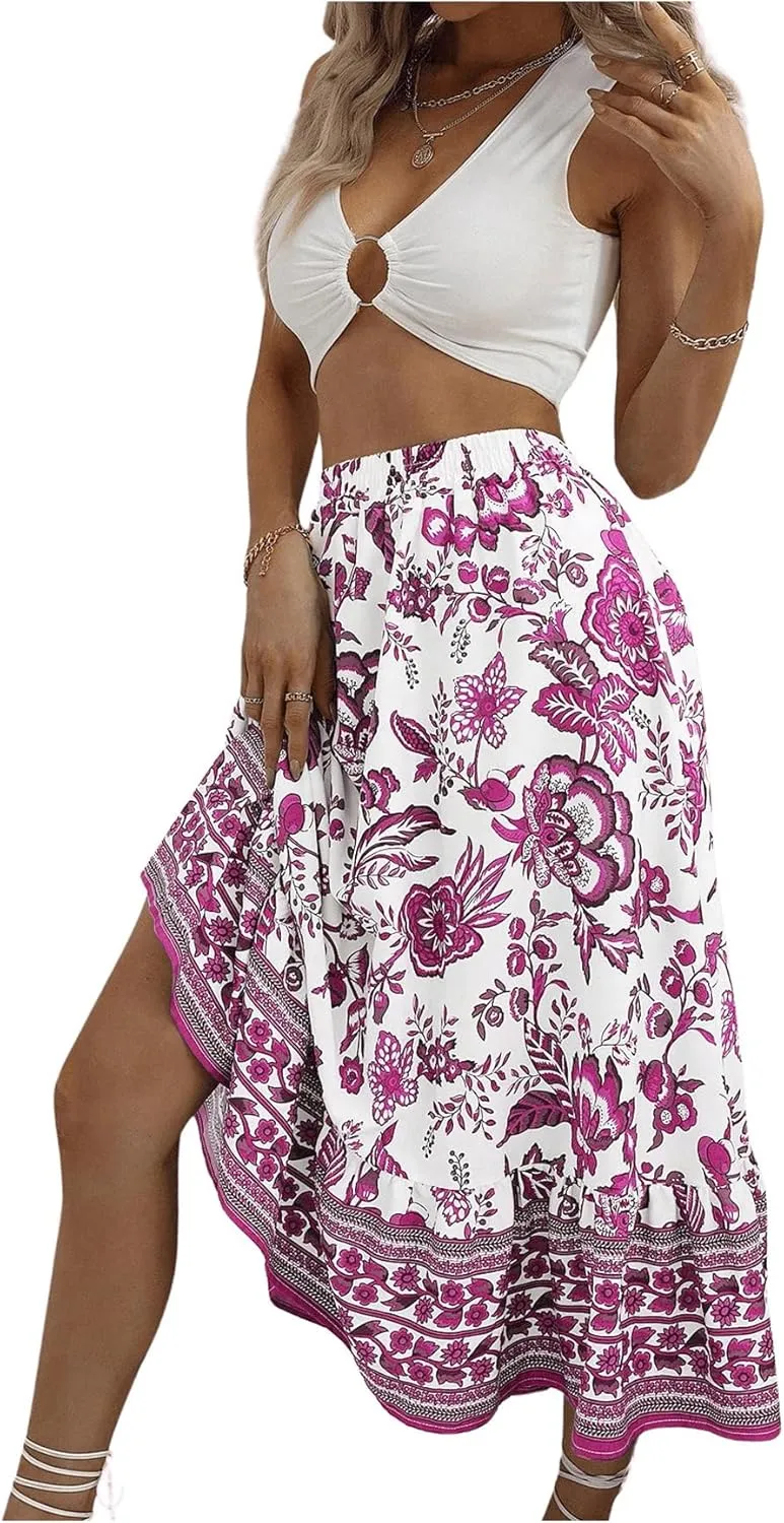 Milumia Women's 2024 Boho Floral High Waist A Line Midi Skirt Ruffle Long Skirt