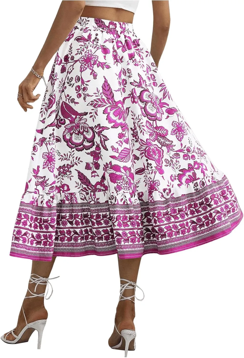 Milumia Women's 2024 Boho Floral High Waist A Line Midi Skirt Ruffle Long Skirt