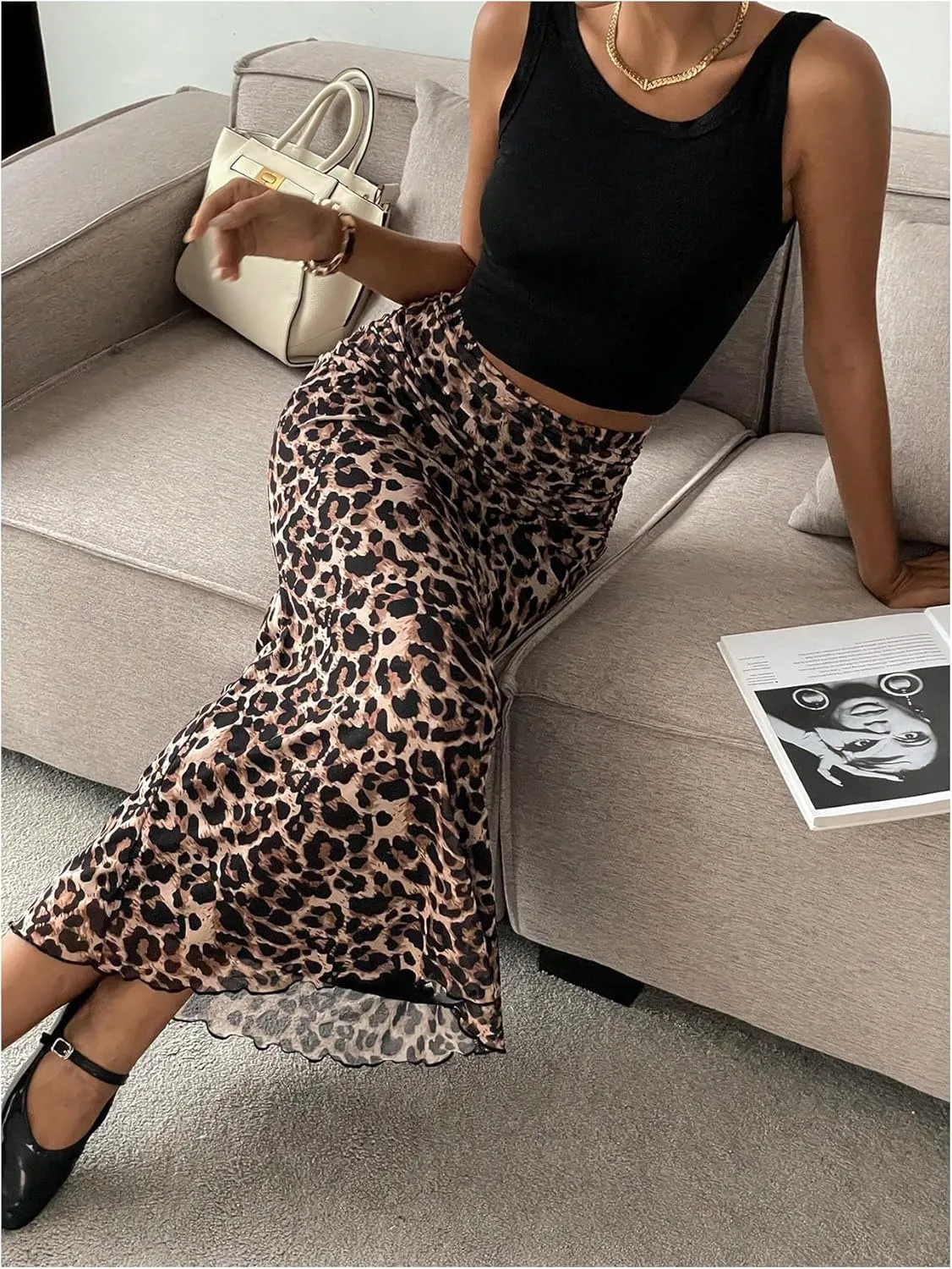 Milumia Women's Leopard Ruched Bodycon Mesh Skirt Lettuce Hem Fishtail Long Skirts
