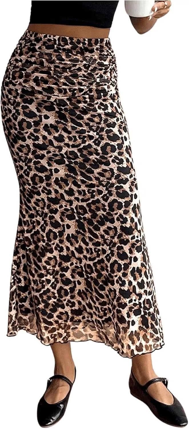 Milumia Women's Leopard Ruched Bodycon Mesh Skirt Lettuce Hem Fishtail Long Skirts