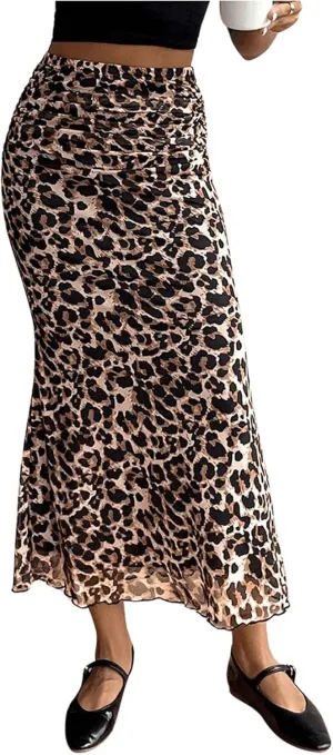 Milumia Women's Leopard Ruched Bodycon Mesh Skirt Lettuce Hem Fishtail Long Skirts