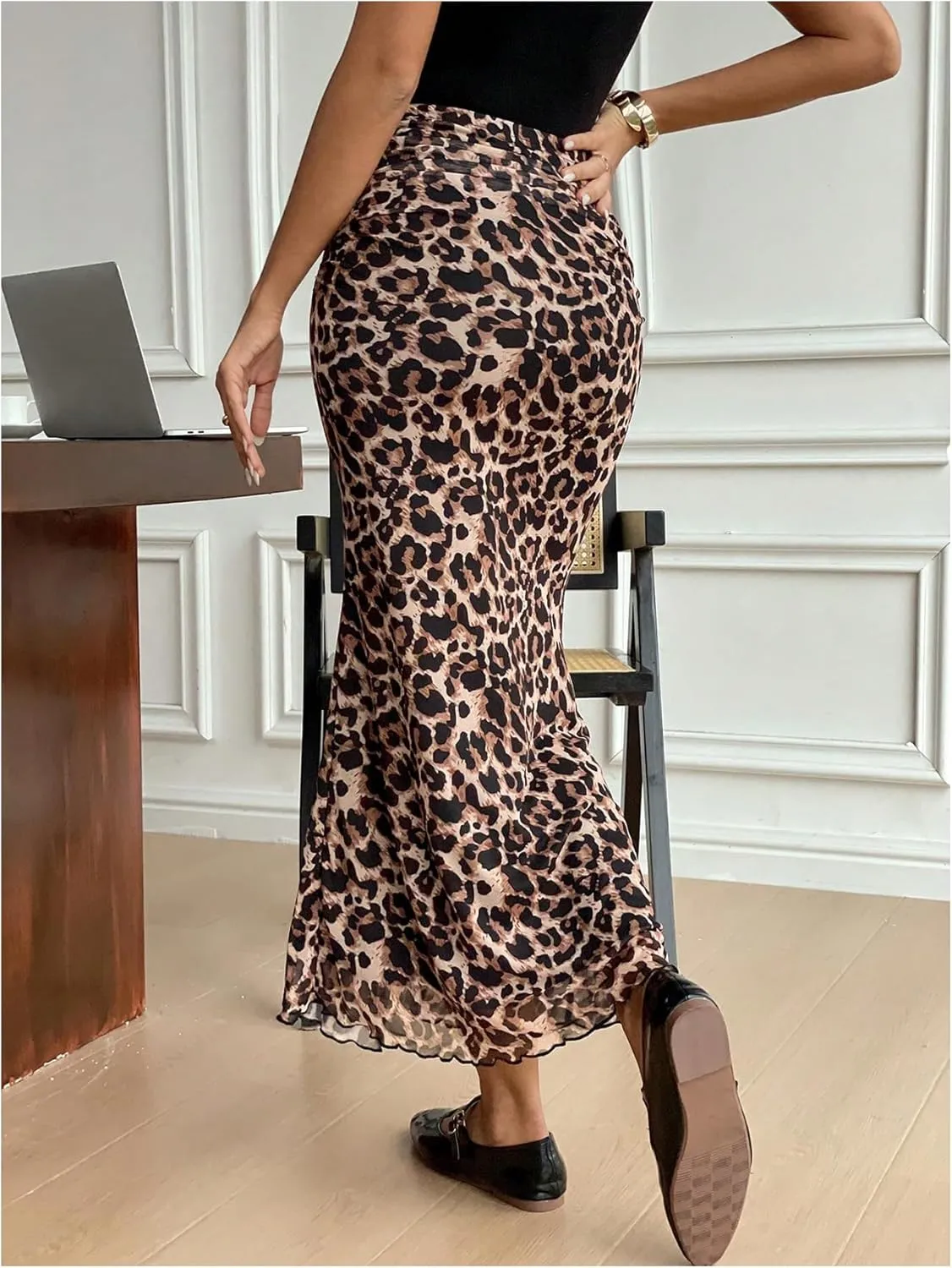 Milumia Women's Leopard Ruched Bodycon Mesh Skirt Lettuce Hem Fishtail Long Skirts