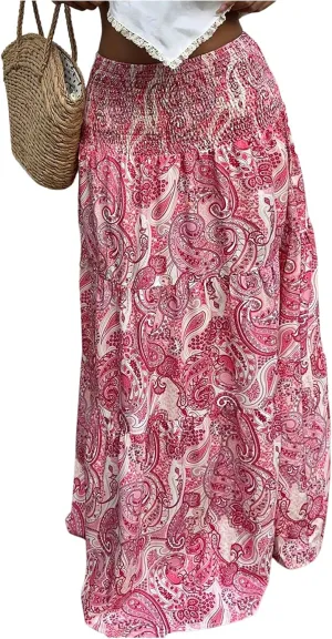 Milumia Women's Paisley Print Flowy Maxi Skirts Boho Shirred Long Skirts Beach Vacation