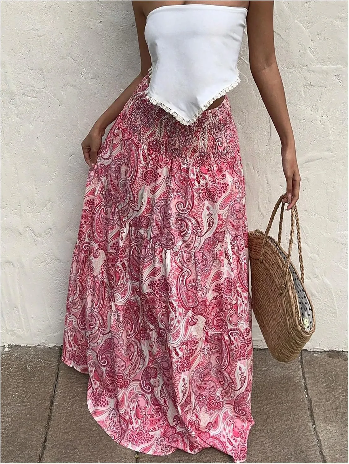 Milumia Women's Paisley Print Flowy Maxi Skirts Boho Shirred Long Skirts Beach Vacation