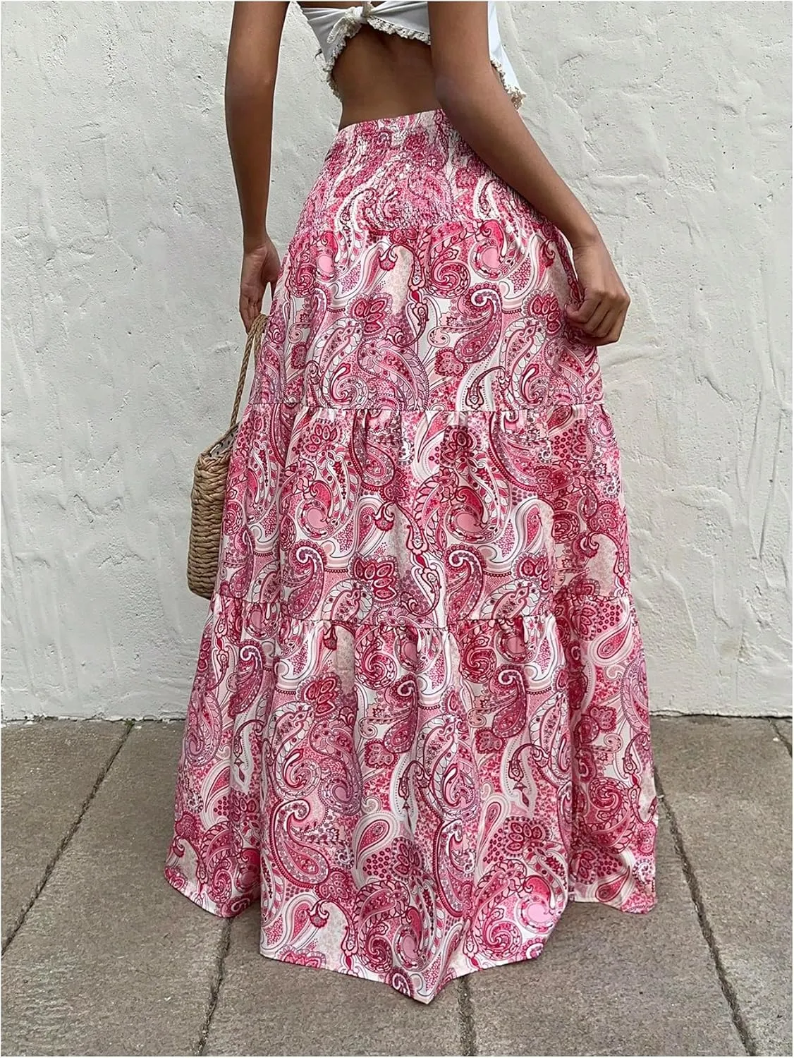 Milumia Women's Paisley Print Flowy Maxi Skirts Boho Shirred Long Skirts Beach Vacation