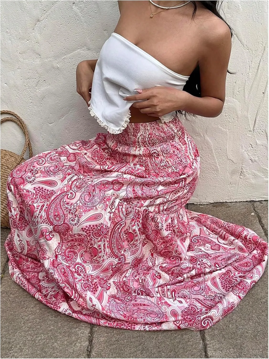 Milumia Women's Paisley Print Flowy Maxi Skirts Boho Shirred Long Skirts Beach Vacation