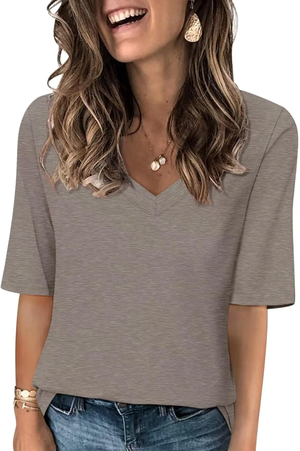 Minetom Women's V Neck T Shirts Casual Half Sleeve Tops Basic Summer Tees