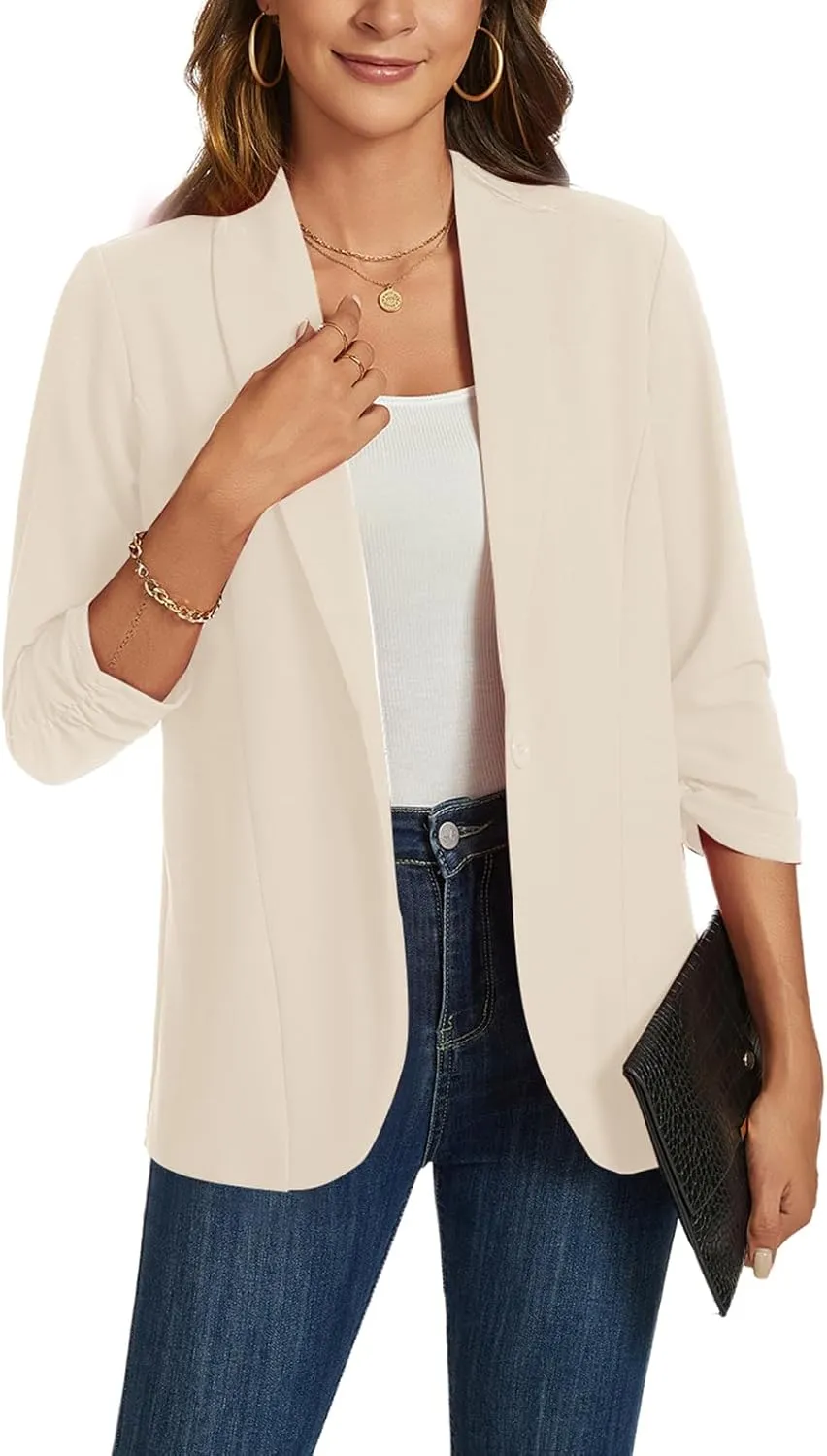 MINTLIMIT Blazers for Women 3/4 Ruched Sleeve Shawl Collar Open Front Business Jacket Blazer Work Office Blazers Jackets