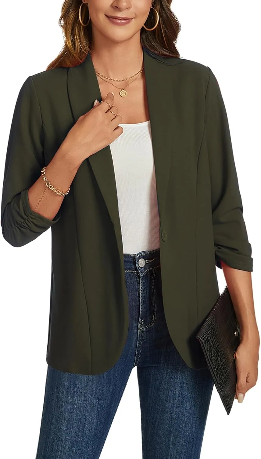 MINTLIMIT Blazers for Women 3/4 Ruched Sleeve Shawl Collar Open Front Business Jacket Blazer Work Office Blazers Jackets