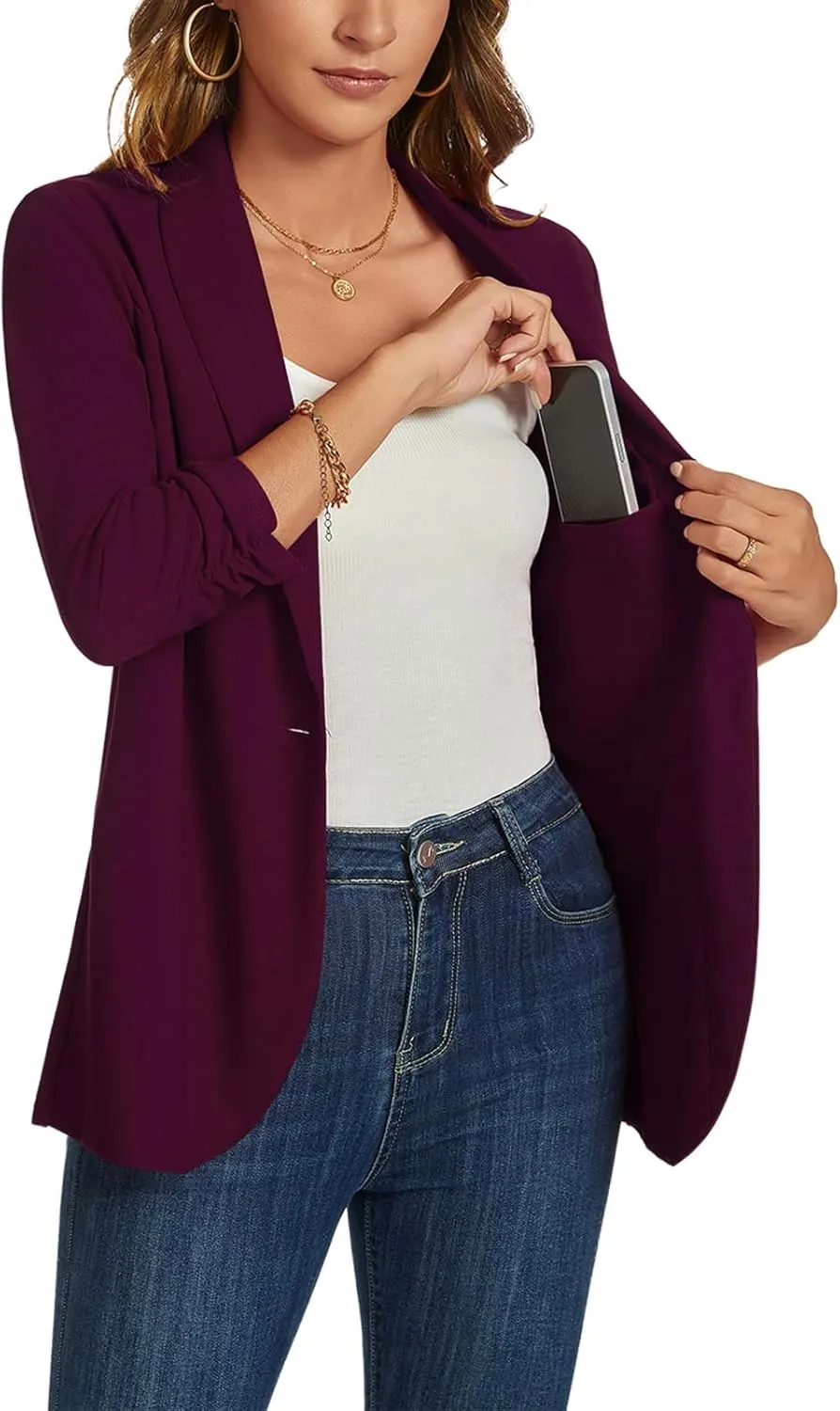 MINTLIMIT Blazers for Women 3/4 Ruched Sleeve Shawl Collar Open Front Business Jacket Blazer Work Office Blazers Jackets