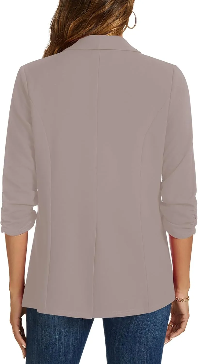 MINTLIMIT Blazers for Women 3/4 Ruched Sleeve Shawl Collar Open Front Business Jacket Blazer Work Office Blazers Jackets