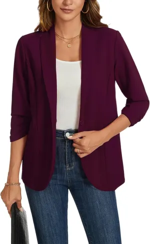 MINTLIMIT Blazers for Women 3/4 Ruched Sleeve Shawl Collar Open Front Business Jacket Blazer Work Office Blazers Jackets