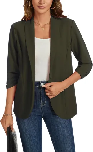 MINTLIMIT Blazers for Women 3/4 Ruched Sleeve Shawl Collar Open Front Business Jacket Blazer Work Office Blazers Jackets