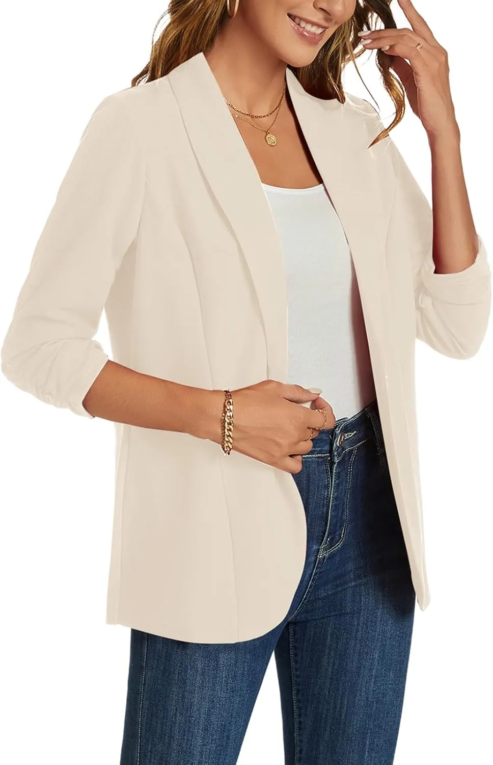 MINTLIMIT Blazers for Women 3/4 Ruched Sleeve Shawl Collar Open Front Business Jacket Blazer Work Office Blazers Jackets