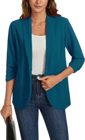 MINTLIMIT Blazers for Women 3/4 Ruched Sleeve Shawl Collar Open Front Business Jacket Blazer Work Office Blazers Jackets