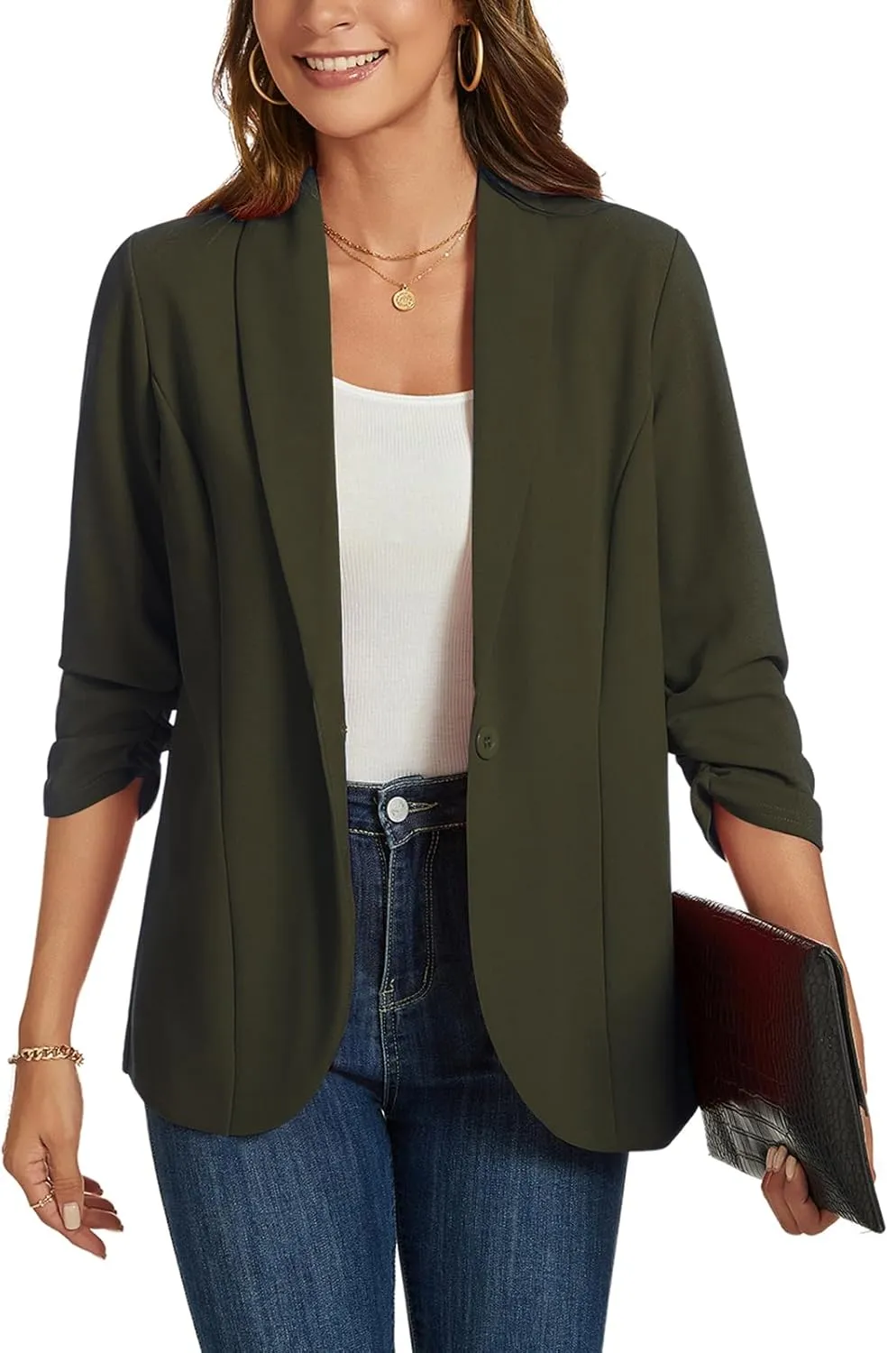 MINTLIMIT Blazers for Women 3/4 Ruched Sleeve Shawl Collar Open Front Business Jacket Blazer Work Office Blazers Jackets