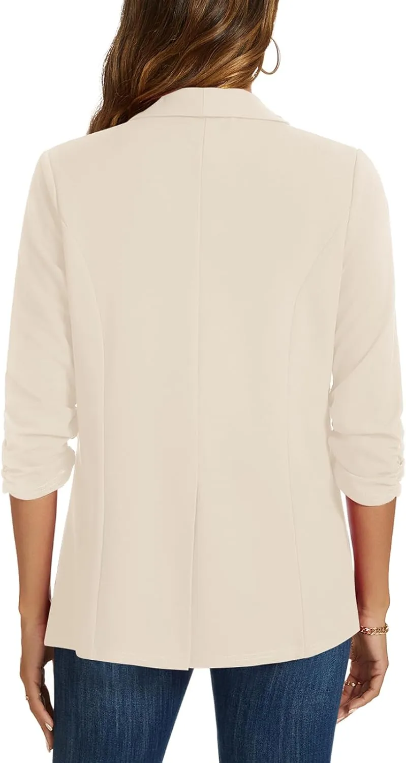 MINTLIMIT Blazers for Women 3/4 Ruched Sleeve Shawl Collar Open Front Business Jacket Blazer Work Office Blazers Jackets