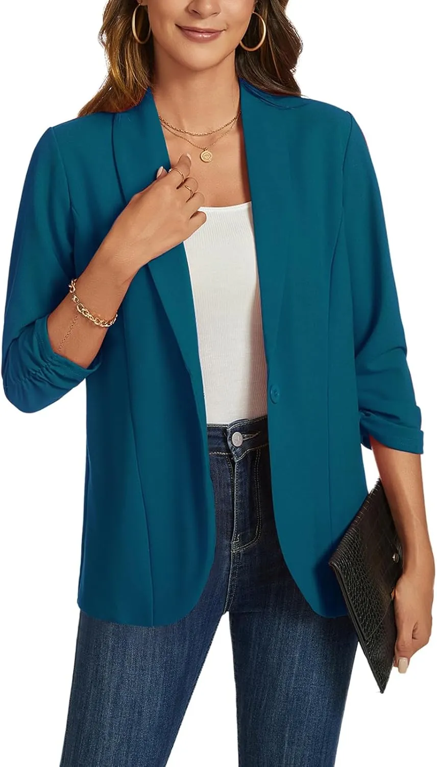 MINTLIMIT Blazers for Women 3/4 Ruched Sleeve Shawl Collar Open Front Business Jacket Blazer Work Office Blazers Jackets