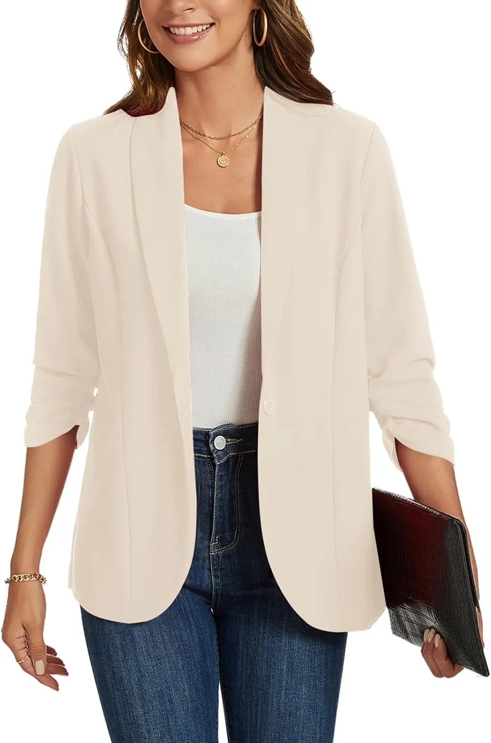 MINTLIMIT Blazers for Women 3/4 Ruched Sleeve Shawl Collar Open Front Business Jacket Blazer Work Office Blazers Jackets