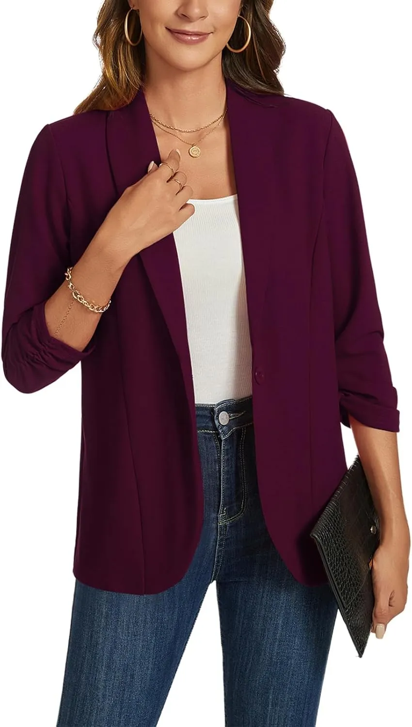 MINTLIMIT Blazers for Women 3/4 Ruched Sleeve Shawl Collar Open Front Business Jacket Blazer Work Office Blazers Jackets