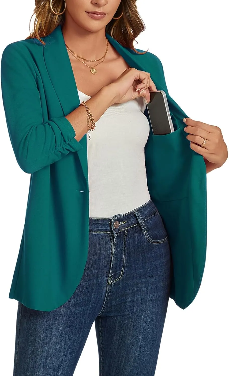 MINTLIMIT Blazers for Women 3/4 Ruched Sleeve Shawl Collar Open Front Business Jacket Blazer Work Office Blazers Jackets