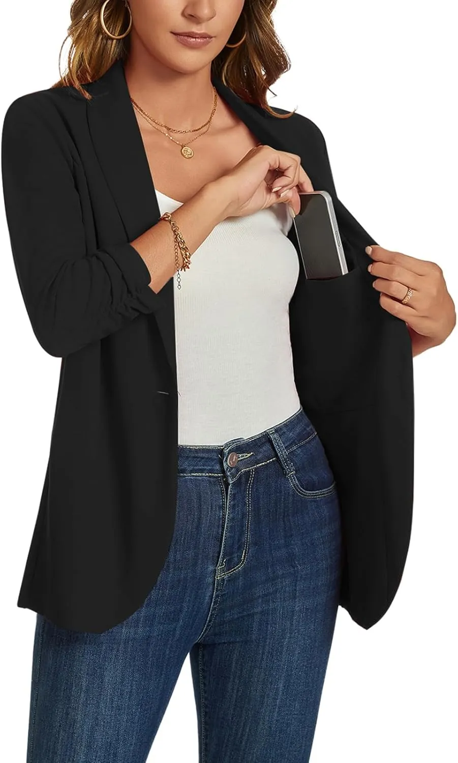 MINTLIMIT Blazers for Women 3/4 Ruched Sleeve Shawl Collar Open Front Business Jacket Blazer Work Office Blazers Jackets
