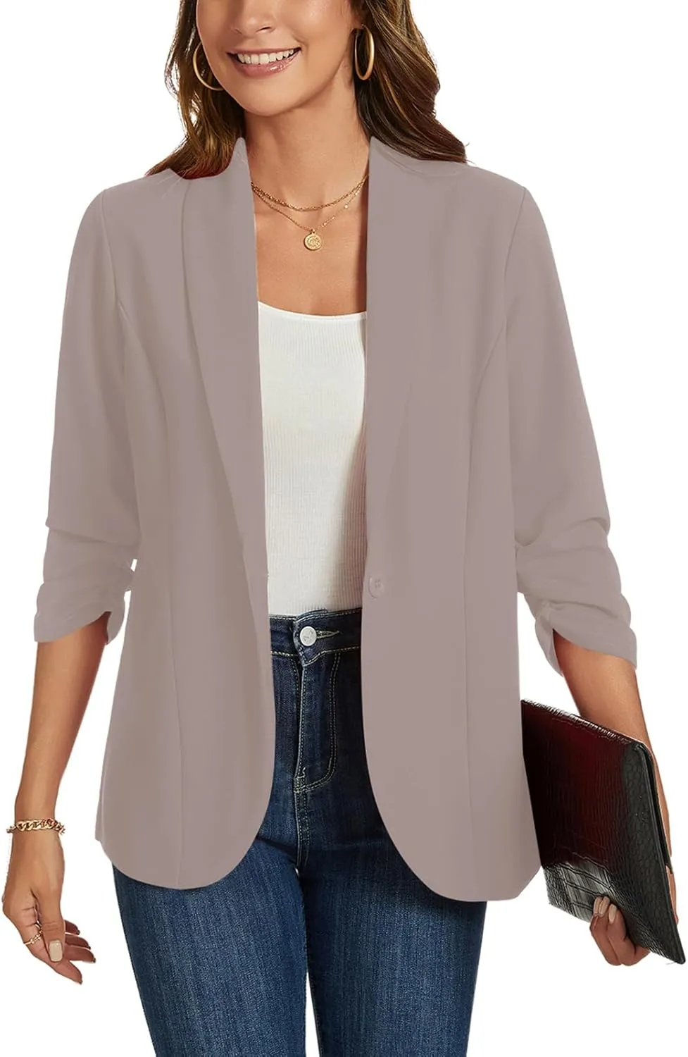 MINTLIMIT Blazers for Women 3/4 Ruched Sleeve Shawl Collar Open Front Business Jacket Blazer Work Office Blazers Jackets