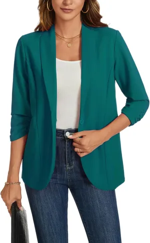 MINTLIMIT Blazers for Women 3/4 Ruched Sleeve Shawl Collar Open Front Business Jacket Blazer Work Office Blazers Jackets