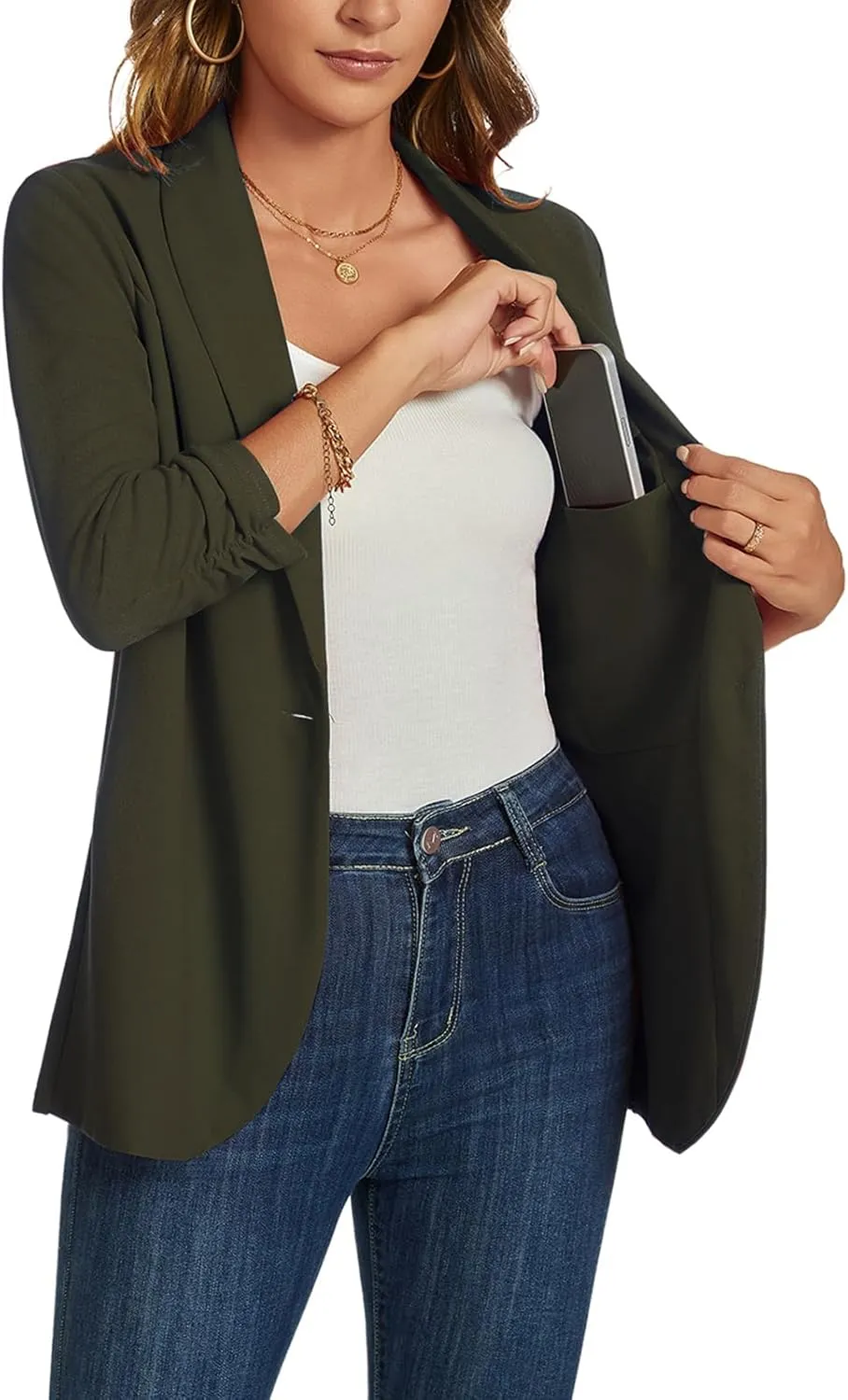 MINTLIMIT Blazers for Women 3/4 Ruched Sleeve Shawl Collar Open Front Business Jacket Blazer Work Office Blazers Jackets