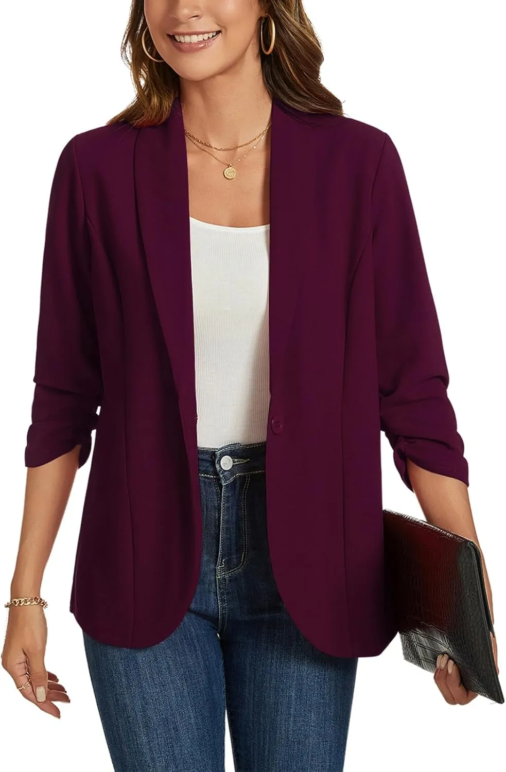 MINTLIMIT Blazers for Women 3/4 Ruched Sleeve Shawl Collar Open Front Business Jacket Blazer Work Office Blazers Jackets