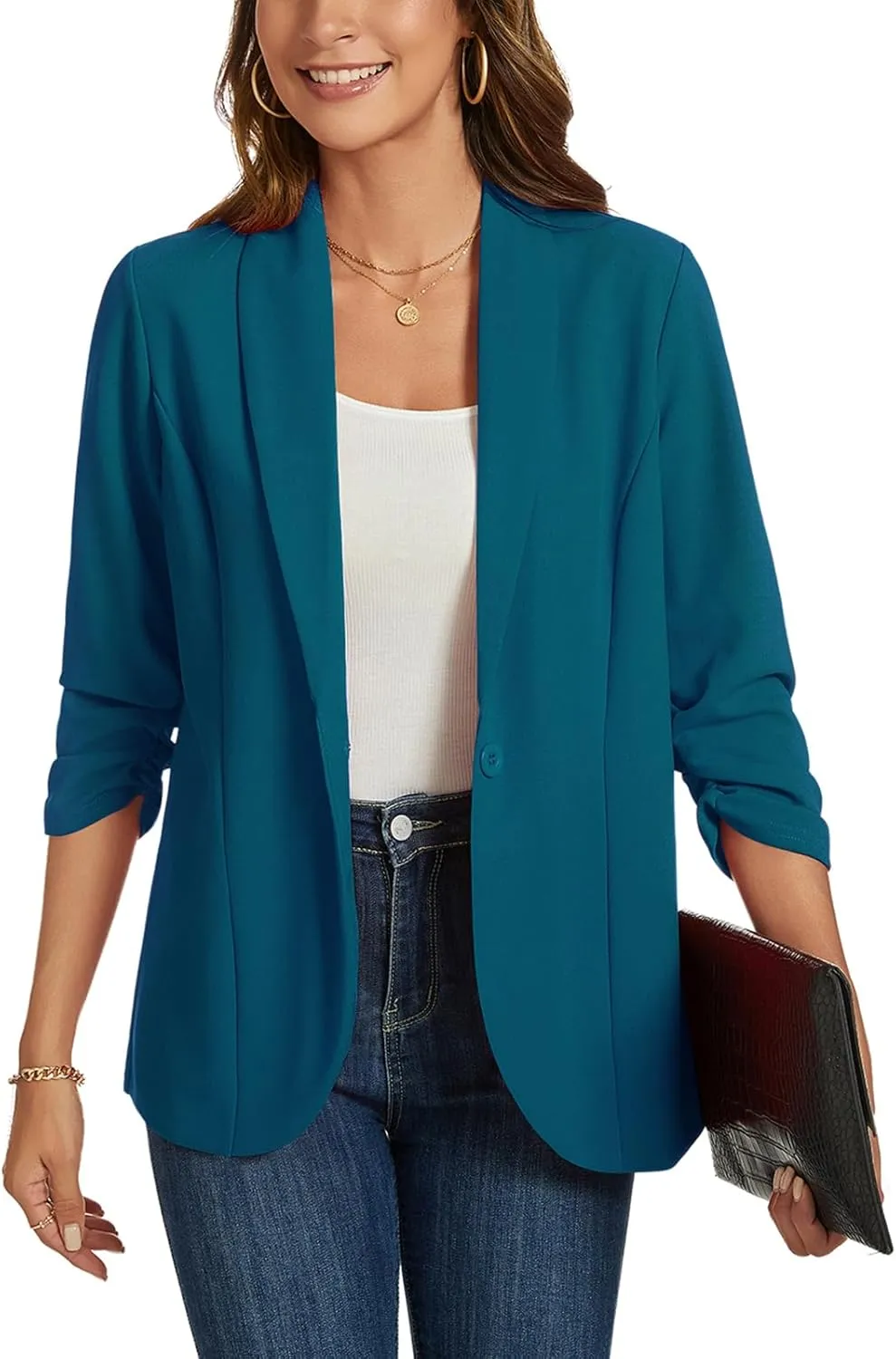 MINTLIMIT Blazers for Women 3/4 Ruched Sleeve Shawl Collar Open Front Business Jacket Blazer Work Office Blazers Jackets