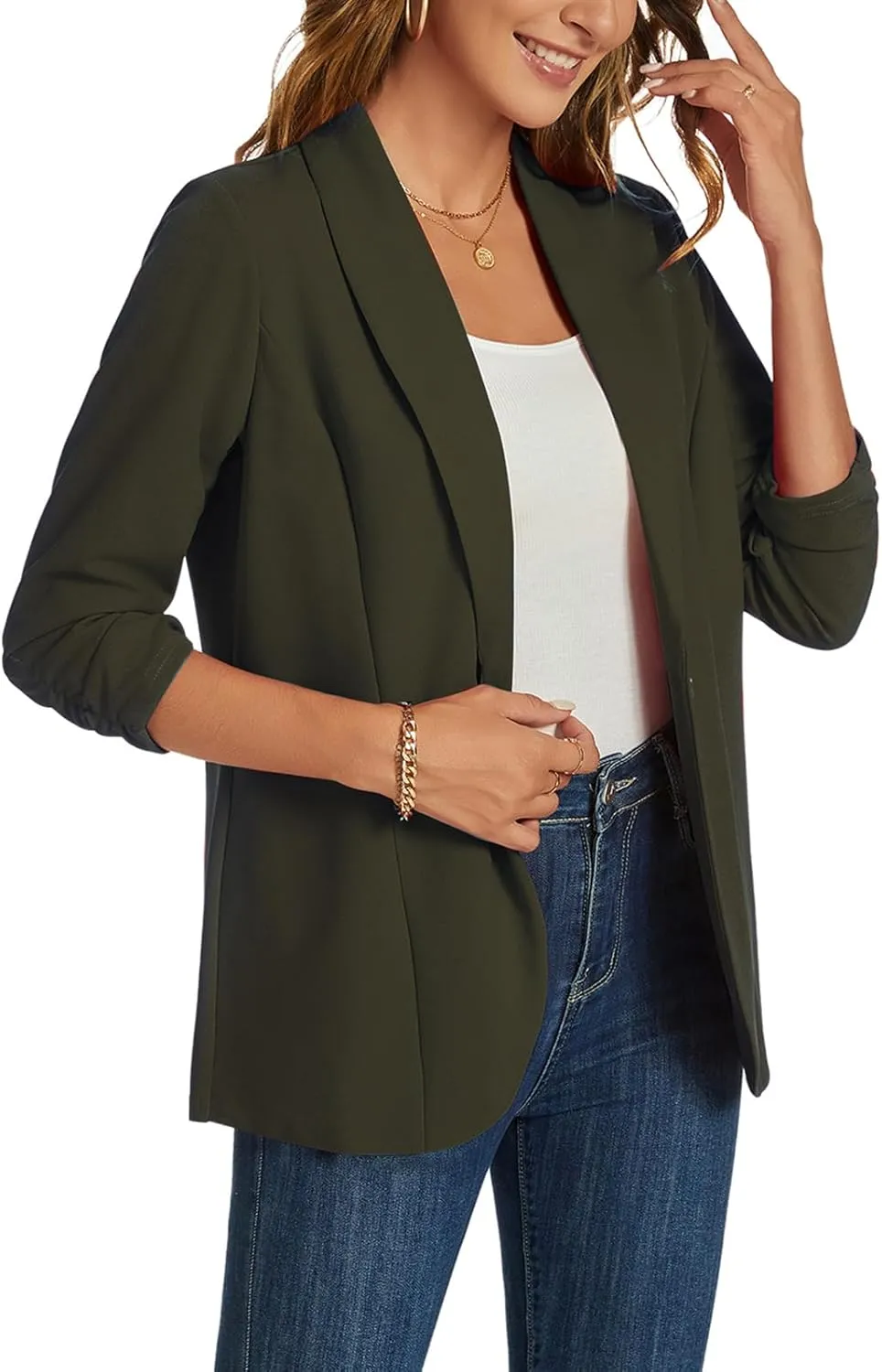 MINTLIMIT Blazers for Women 3/4 Ruched Sleeve Shawl Collar Open Front Business Jacket Blazer Work Office Blazers Jackets