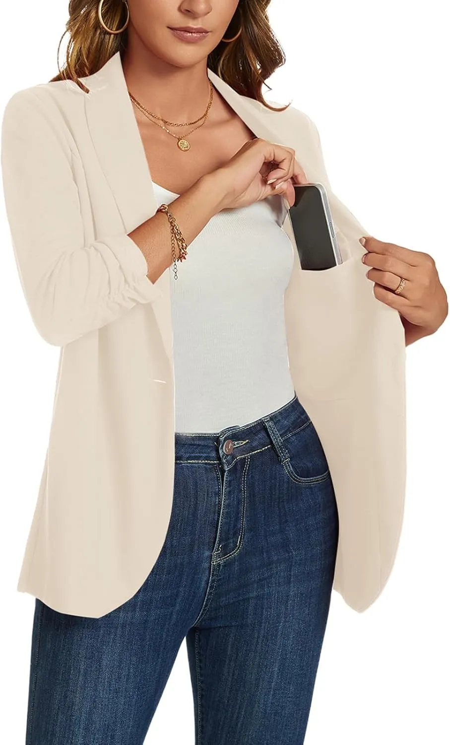 MINTLIMIT Blazers for Women 3/4 Ruched Sleeve Shawl Collar Open Front Business Jacket Blazer Work Office Blazers Jackets