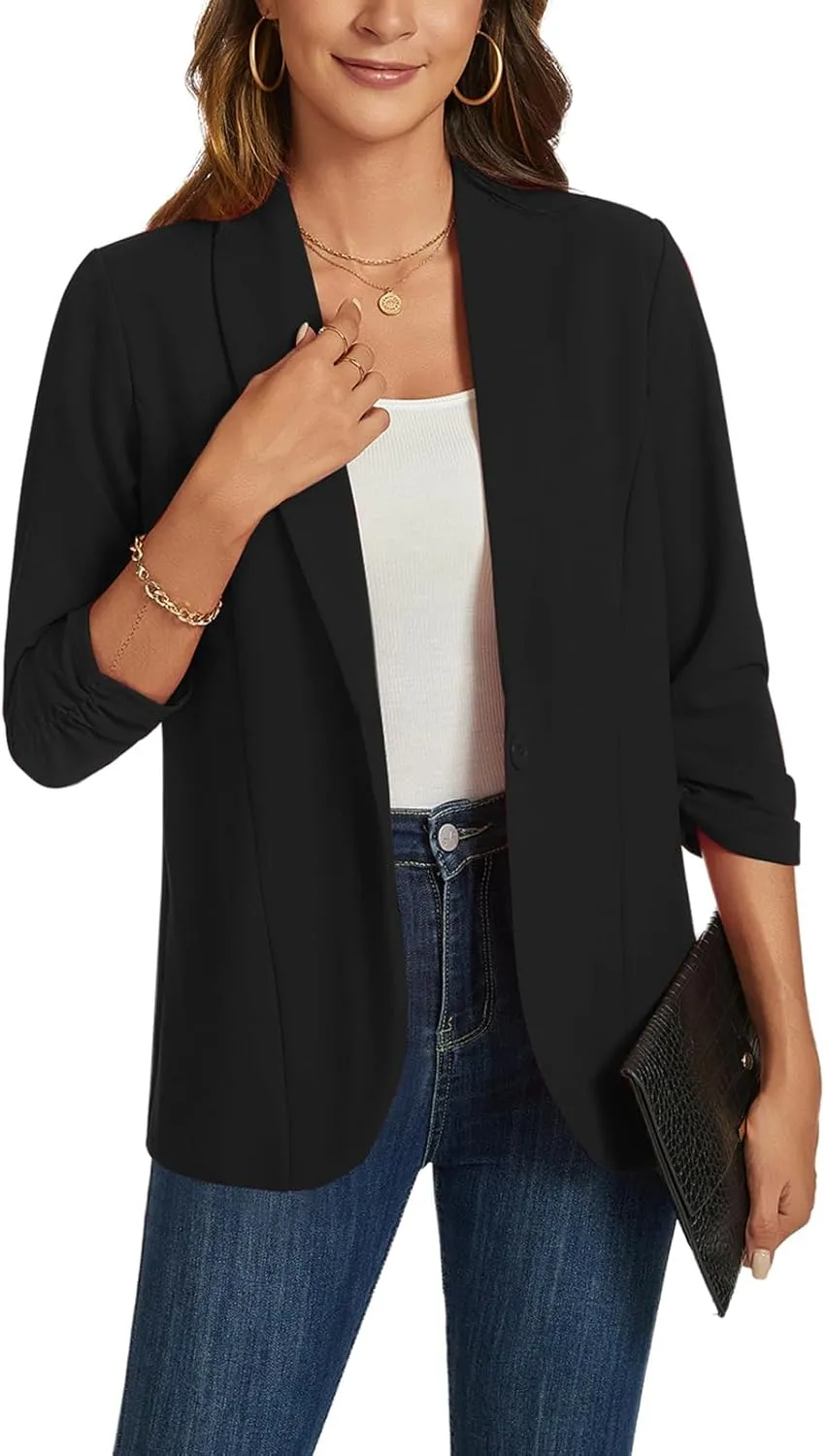 MINTLIMIT Blazers for Women 3/4 Ruched Sleeve Shawl Collar Open Front Business Jacket Blazer Work Office Blazers Jackets