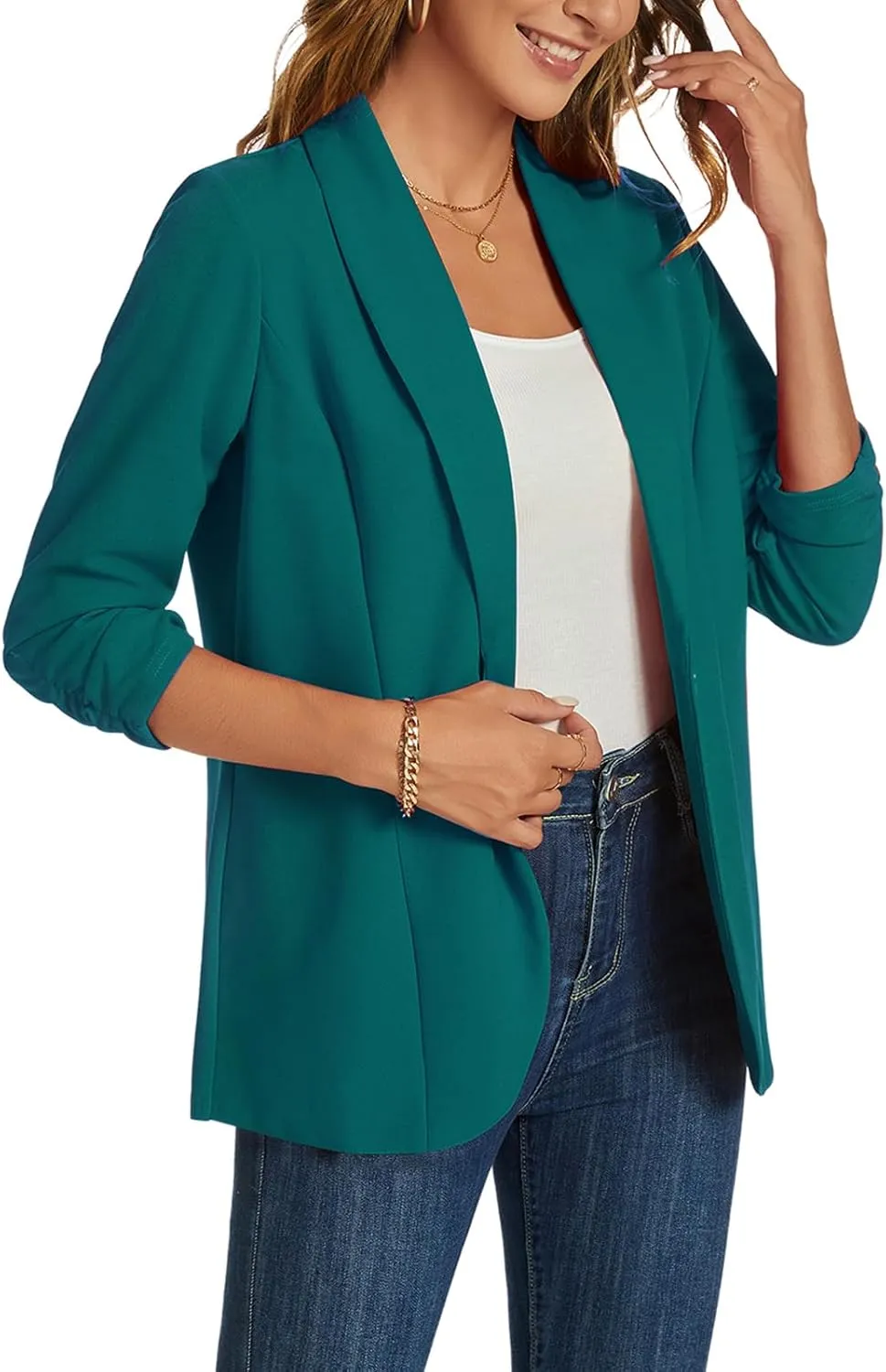 MINTLIMIT Blazers for Women 3/4 Ruched Sleeve Shawl Collar Open Front Business Jacket Blazer Work Office Blazers Jackets
