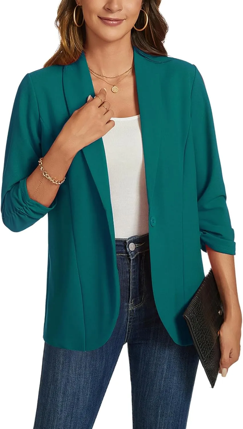 MINTLIMIT Blazers for Women 3/4 Ruched Sleeve Shawl Collar Open Front Business Jacket Blazer Work Office Blazers Jackets
