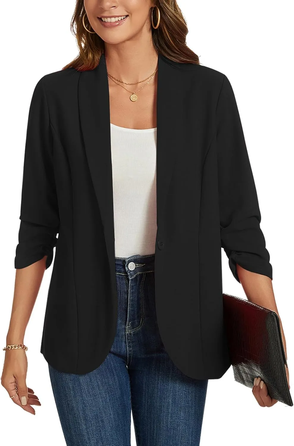 MINTLIMIT Blazers for Women 3/4 Ruched Sleeve Shawl Collar Open Front Business Jacket Blazer Work Office Blazers Jackets