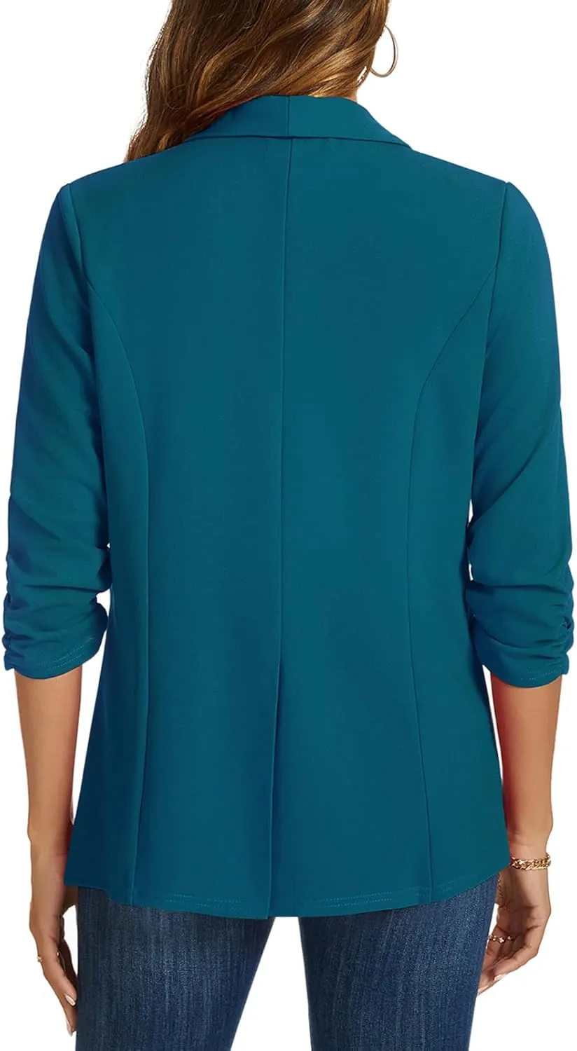MINTLIMIT Blazers for Women 3/4 Ruched Sleeve Shawl Collar Open Front Business Jacket Blazer Work Office Blazers Jackets
