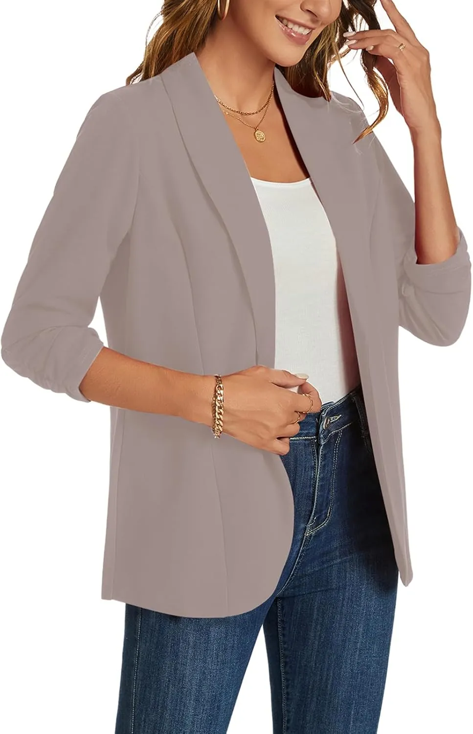 MINTLIMIT Blazers for Women 3/4 Ruched Sleeve Shawl Collar Open Front Business Jacket Blazer Work Office Blazers Jackets