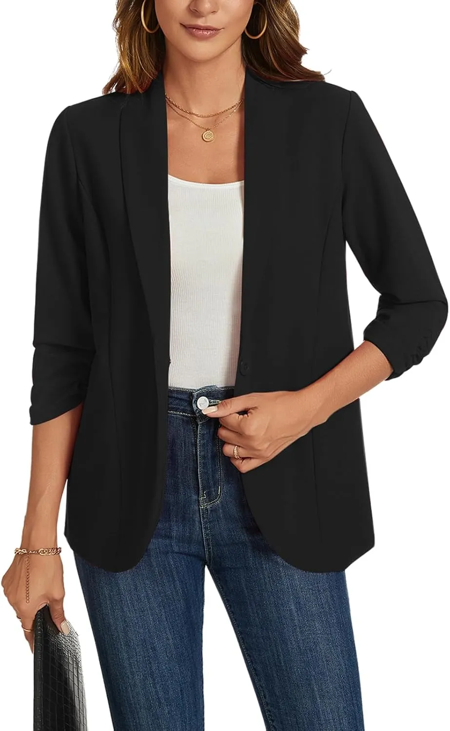 MINTLIMIT Blazers for Women 3/4 Ruched Sleeve Shawl Collar Open Front Business Jacket Blazer Work Office Blazers Jackets
